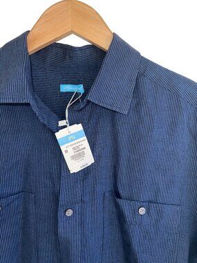 Men's NWT J. McLaughlin M medium shirt Jett Fineline navy striped linen‎ blend